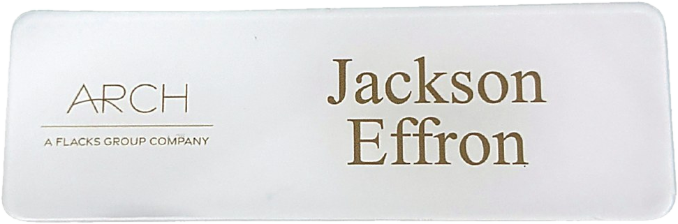 Frosted clear acrylic name tag with a gold logo and name