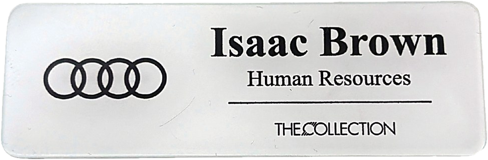 White clear acrylic tag with a logo, name, title and business line