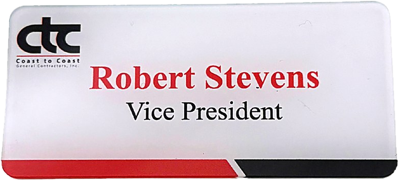 Wide-format white clear acrylic tag with a name, title and two-tone accent stripe