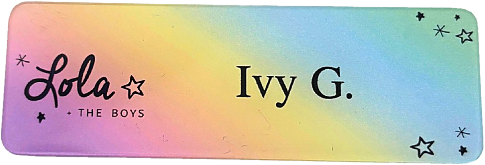 Clear acrylic name tag with a full-color pastel gradient print