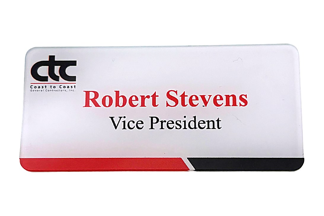 White-base clear acrylic name tag with a red and black accent stripe, name and title